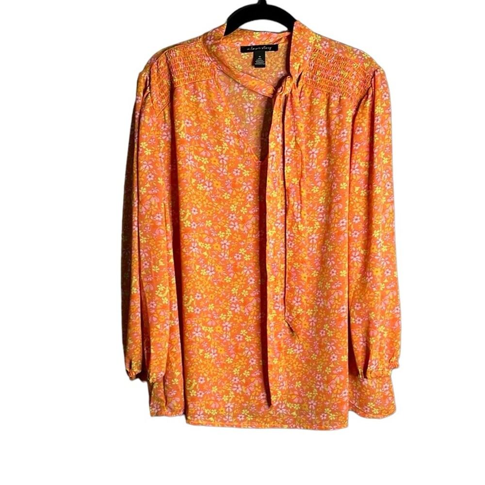A Love Story Orange Floral Long Balloon Sleeve Blouse Cutout and Tie 1X